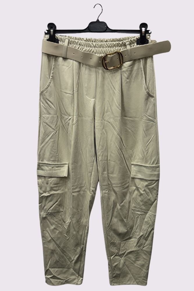 Plain Belted Waistband Pockets Cargo Trousers