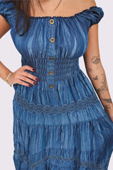 Embroidered Pattern Shirred Waist Tiered Denim Cotton Dress