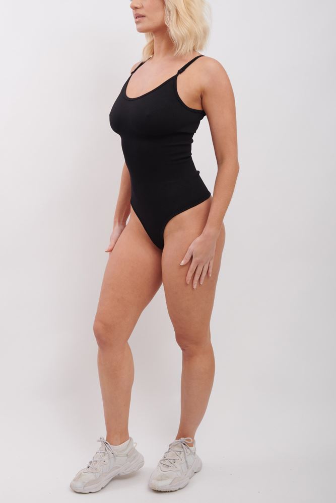 Plain Strappy Seamless Ribbed Nylon Bodysuit