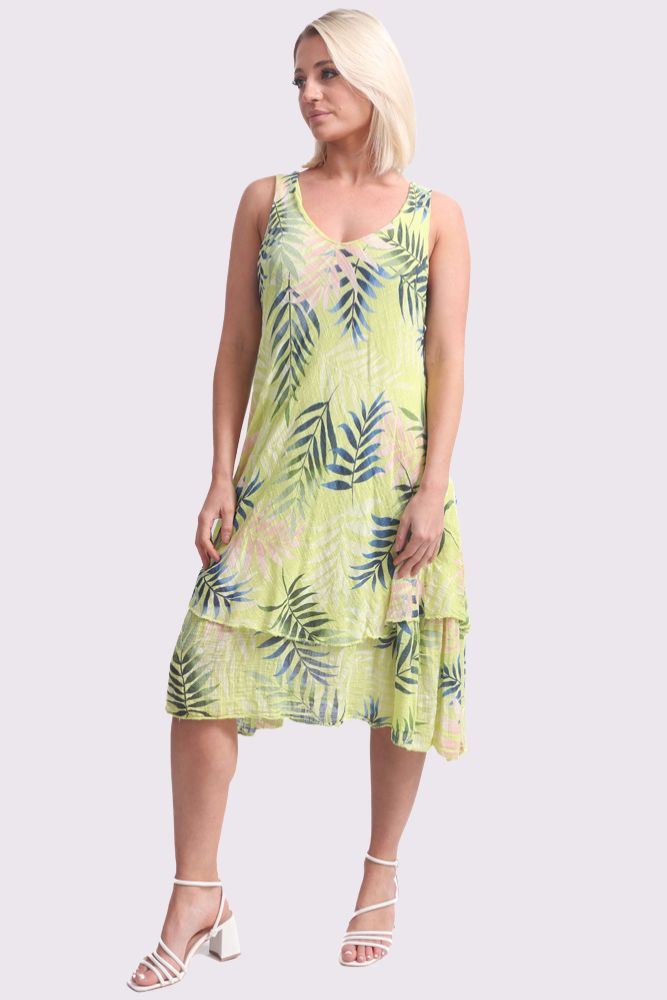 Tropical Leaves Print Layered Hem Cotton Dress