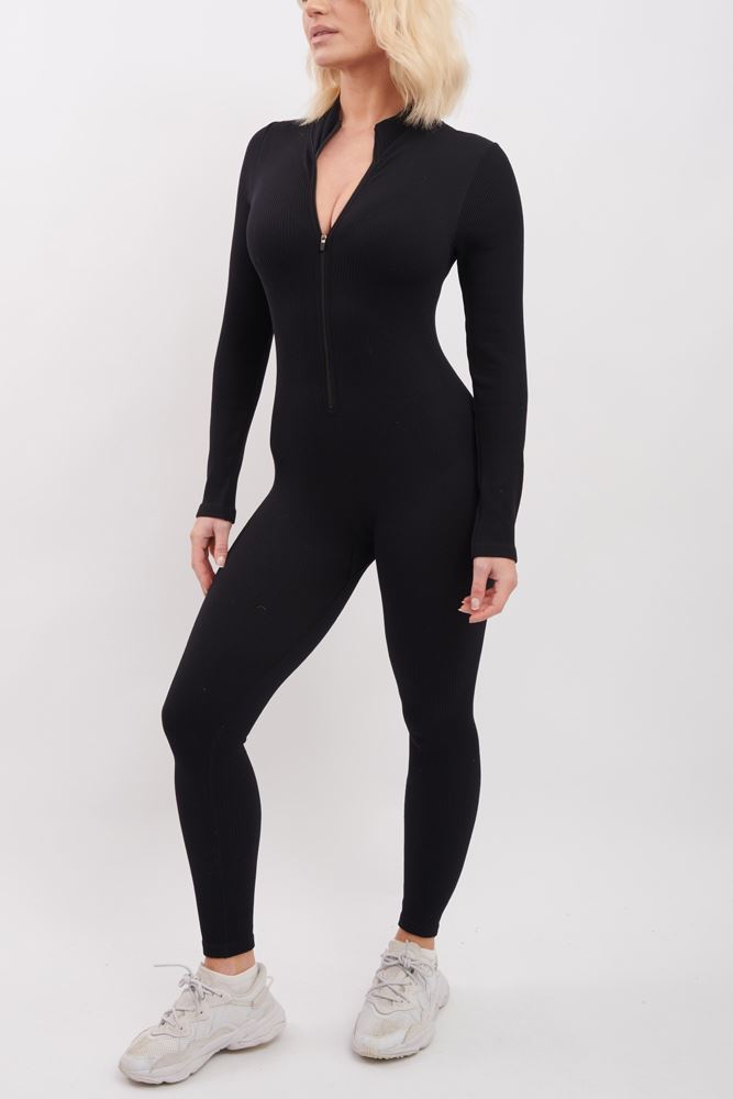 Plain Ribbed Zip Up Seamless Nylon Jumpsuit