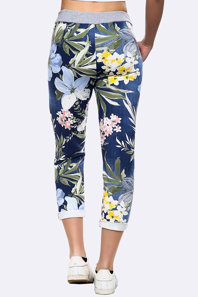 Cotton Leaf Print Foldover Hem Trouser