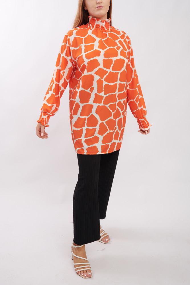 Giraffe Print Shirred Cuff Top