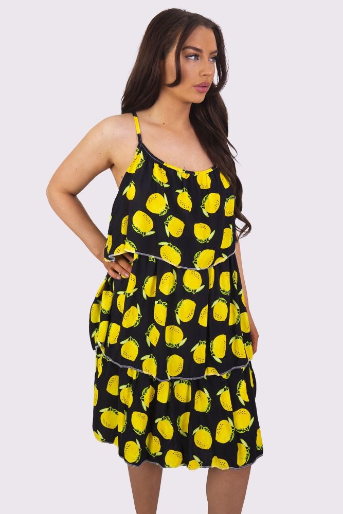 Lemon Print Layered Spaghetti Strap Flounced Dress