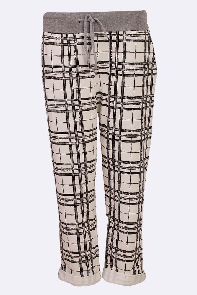 Cotton Check Printed Drawstring Foldover Hem Trouser