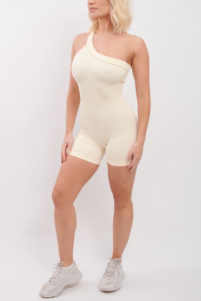 Plain One Shoulder Seamless Ribbed Nylon Jumpsuit