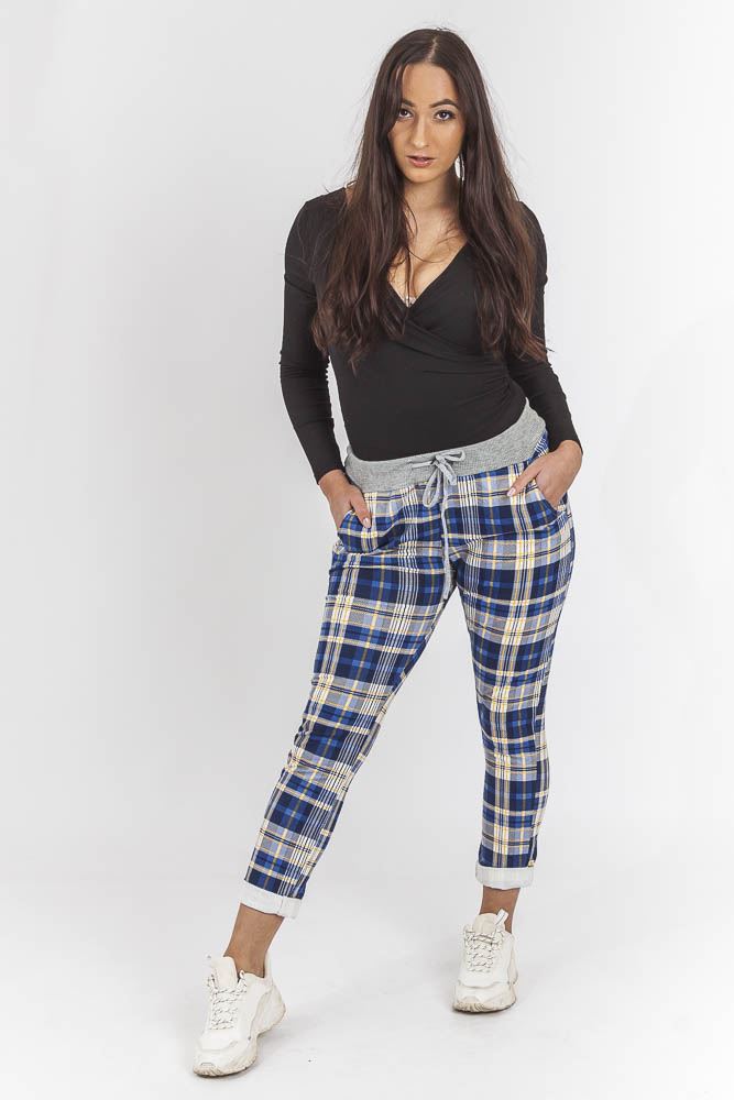 Cotton Tartan Print Foldover Hem Trouser