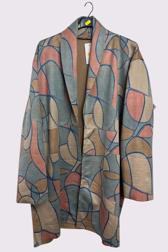 Retro Shape Print Faux Suede Pockets Oversized Jacket