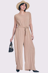 Plain Belted Pockets Wide Leg Jumpsuit