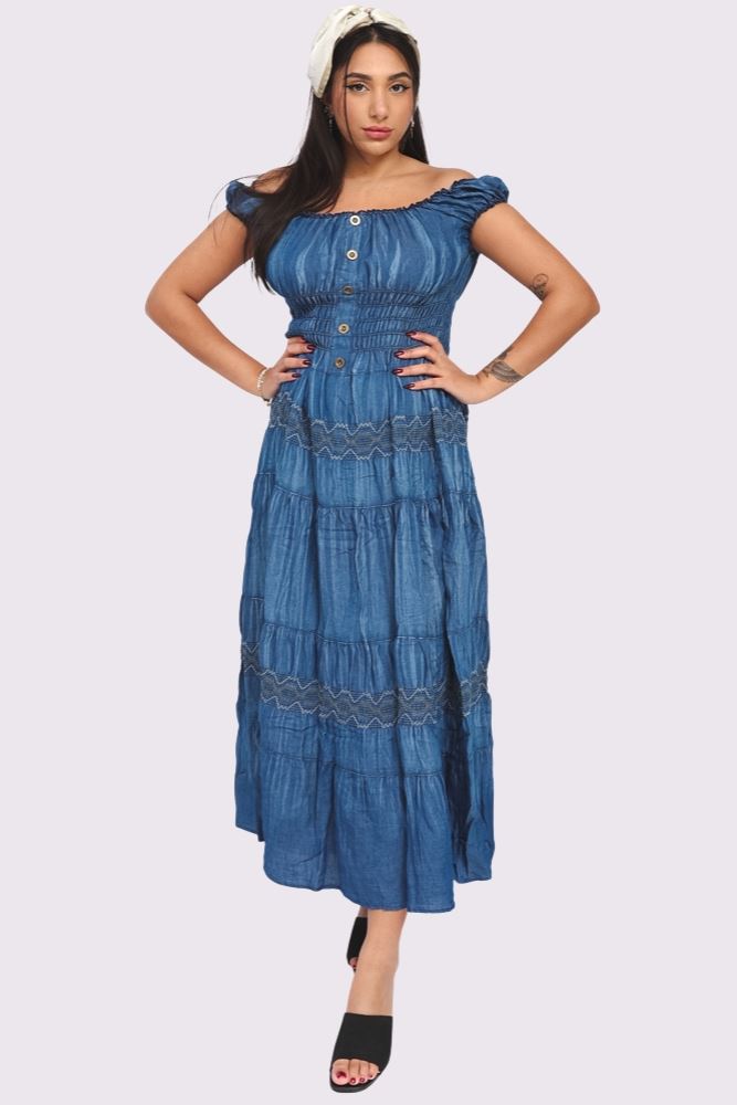 Embroidered Pattern Shirred Waist Tiered Denim Cotton Dress