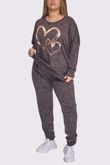 Marl Pattern Foil Print Elastic Waist Rose Gold Foil Heart Print Loungewear