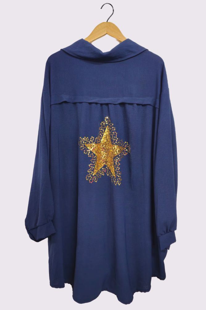 Sequin Star Back Button Closure Curved Shirt