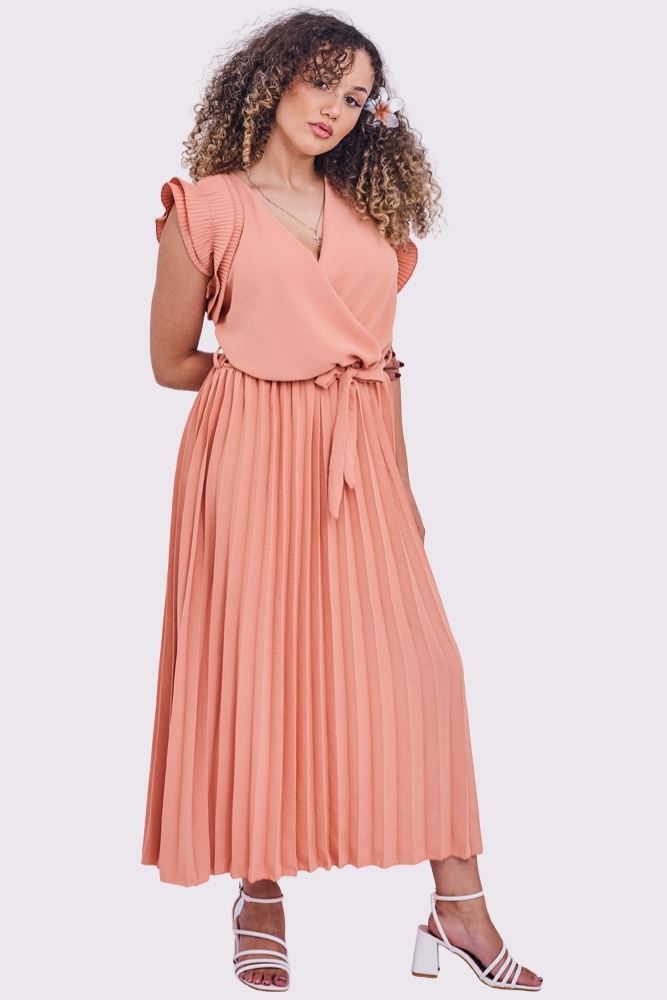 Plain Pleated Wrapover Belted Dress