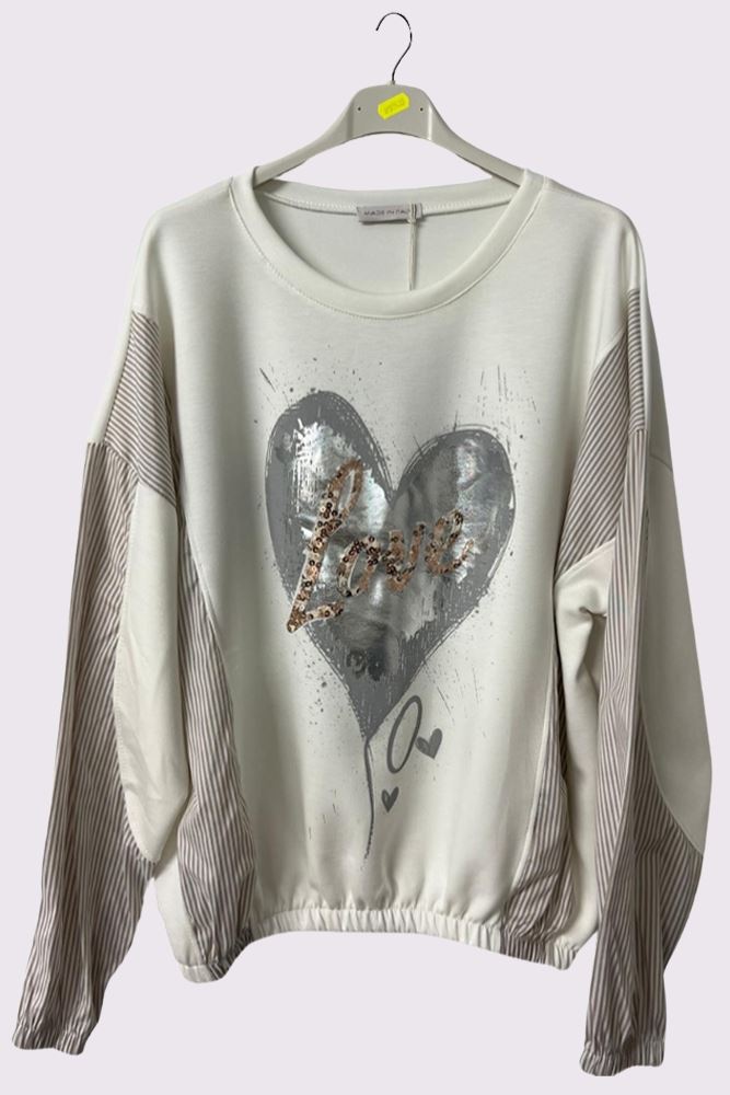 Sequin Foil Love Heart Stripe Sleeve Jumper