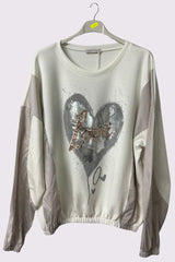 Sequin Foil Love Heart Stripe Sleeve Jumper