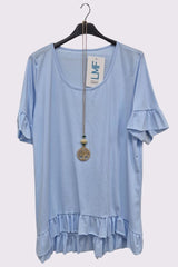 Plain Ruffle Hem Necklace Cotton Top