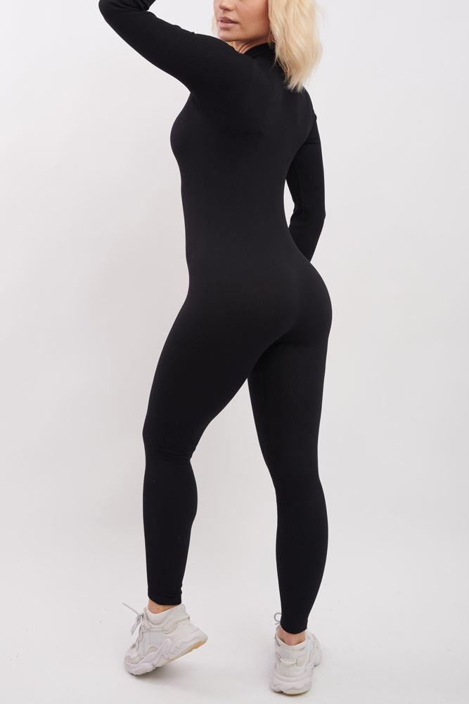 Plain Ribbed Zip Up Seamless Nylon Jumpsuit