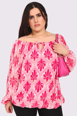 Floral Print Oversized Drawstring Neckline Top