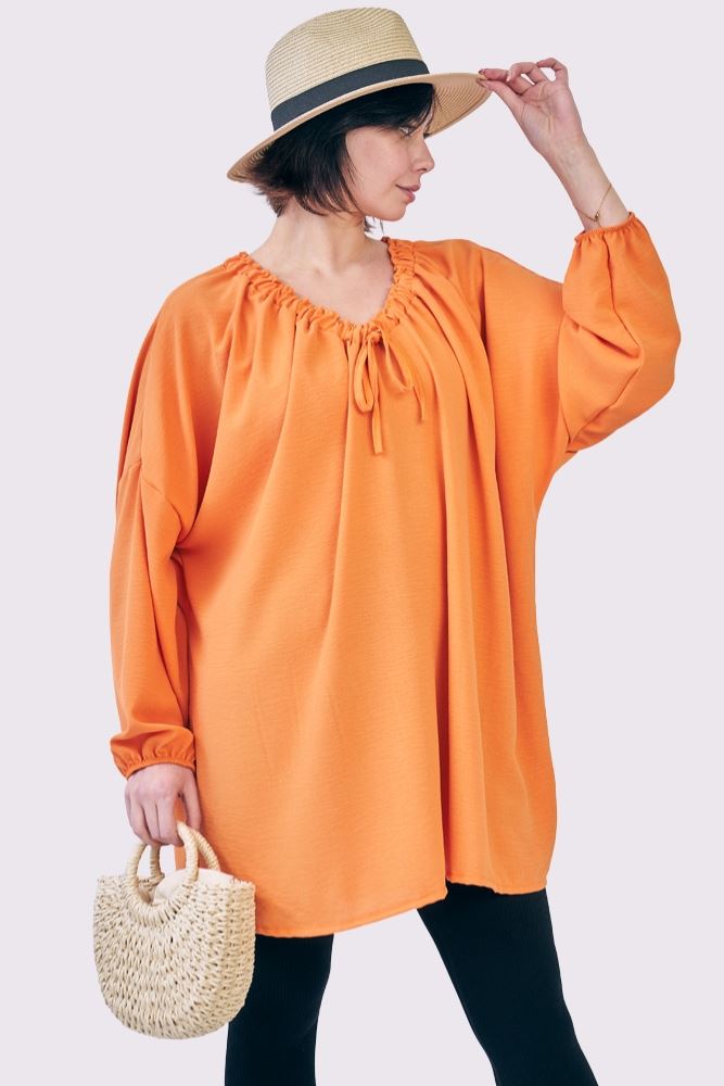 Plain Oversized Drawstring Neckline Top