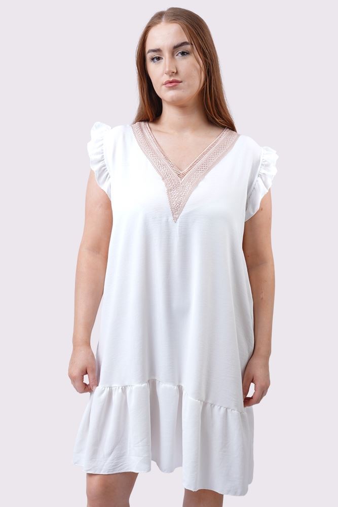 Plain Embroidered Neck Flared Hem Dress