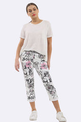 Cotton Floral Printed Drawstring Foldover Hem Trouser