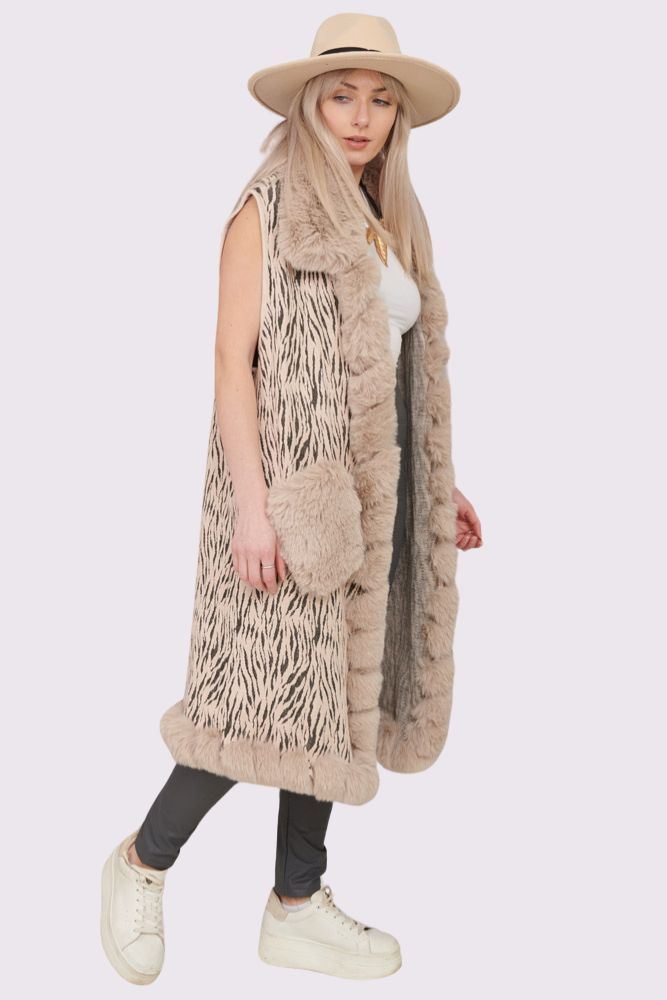 Zebra Print Faux Fur Pocket Cardigan