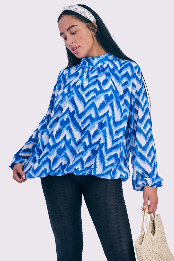 Abstract Print Balloon Sleeve Pleated Top