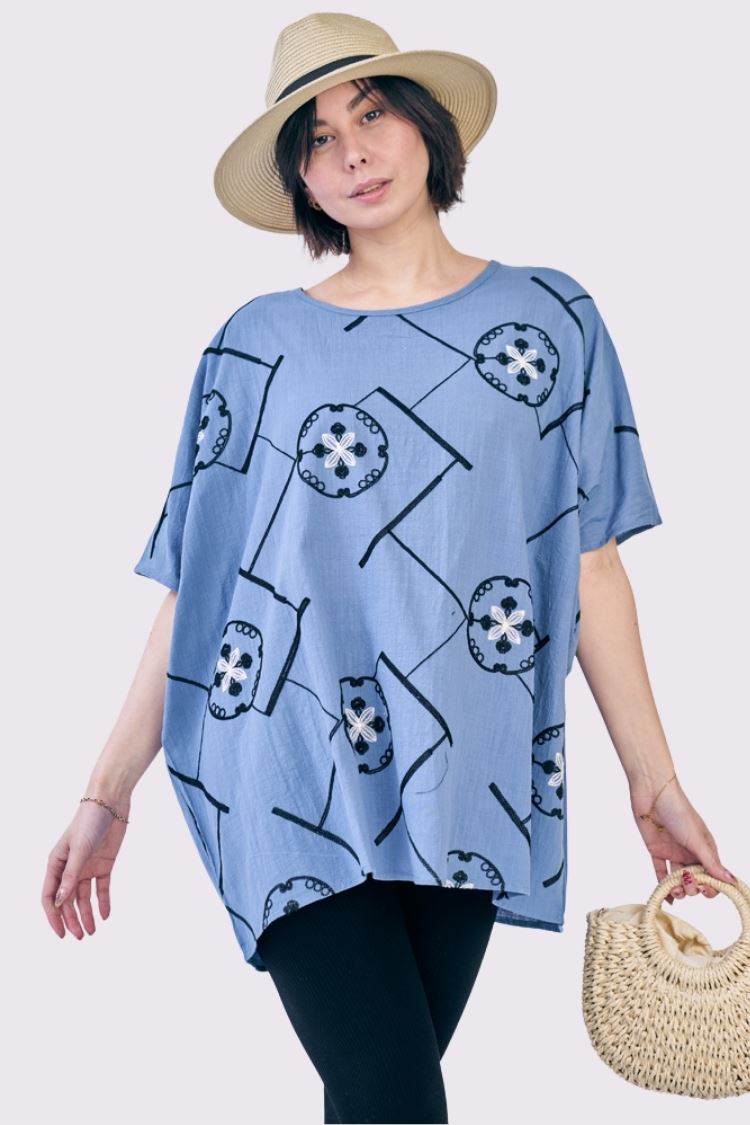 Embroidered Abstract Print Tunic Cotton Top