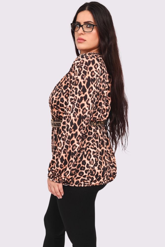 Leopard Print Pleated Elastic Hem Top