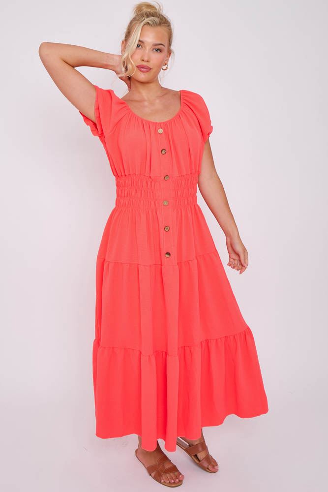 Plain Shirred Waist Tiered Dress