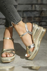 Cicely Foil Strap Embroidered Wedge Heel Sandal