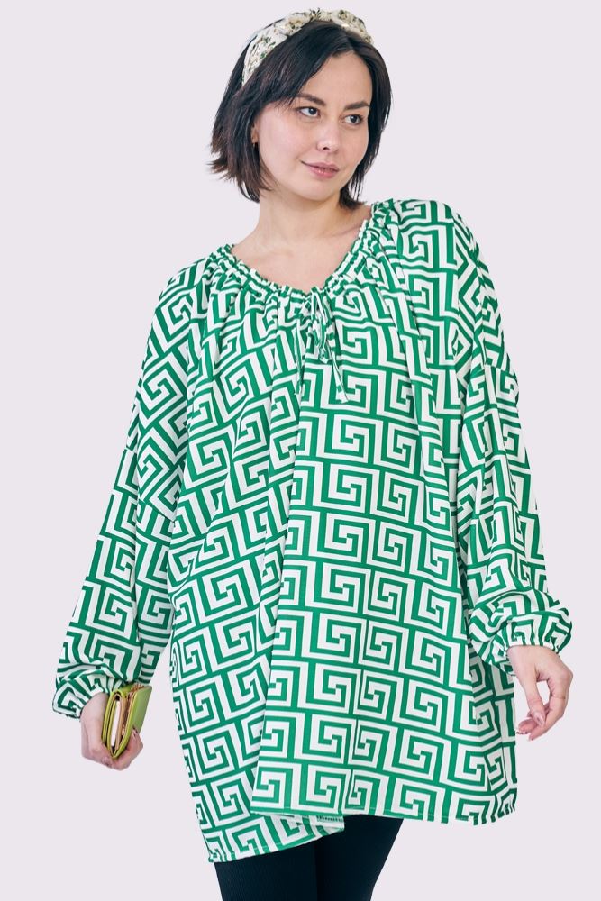 Greek Key Print Oversized Drawstring Neckline Top