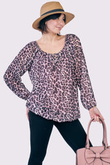 Leopard Print Oversized Drawstring Neckline Top