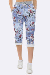 Cotton Floral Print Foldover Hem Trouser