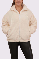 Plain Zip Up Fux Fur Drawstring Jacket