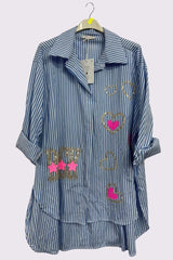 Stripe Rock Heart Star Sequin Motif Cotton Shirt