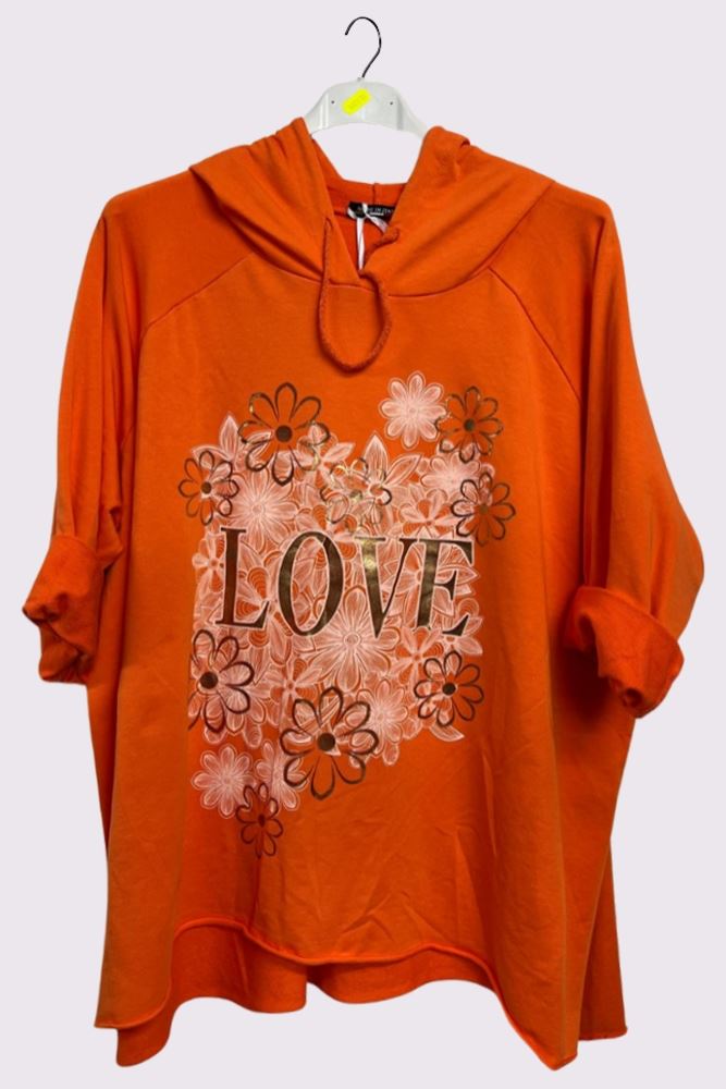 Love Flower Foil Print String Hoody High Low Hem Cotton Hoodie