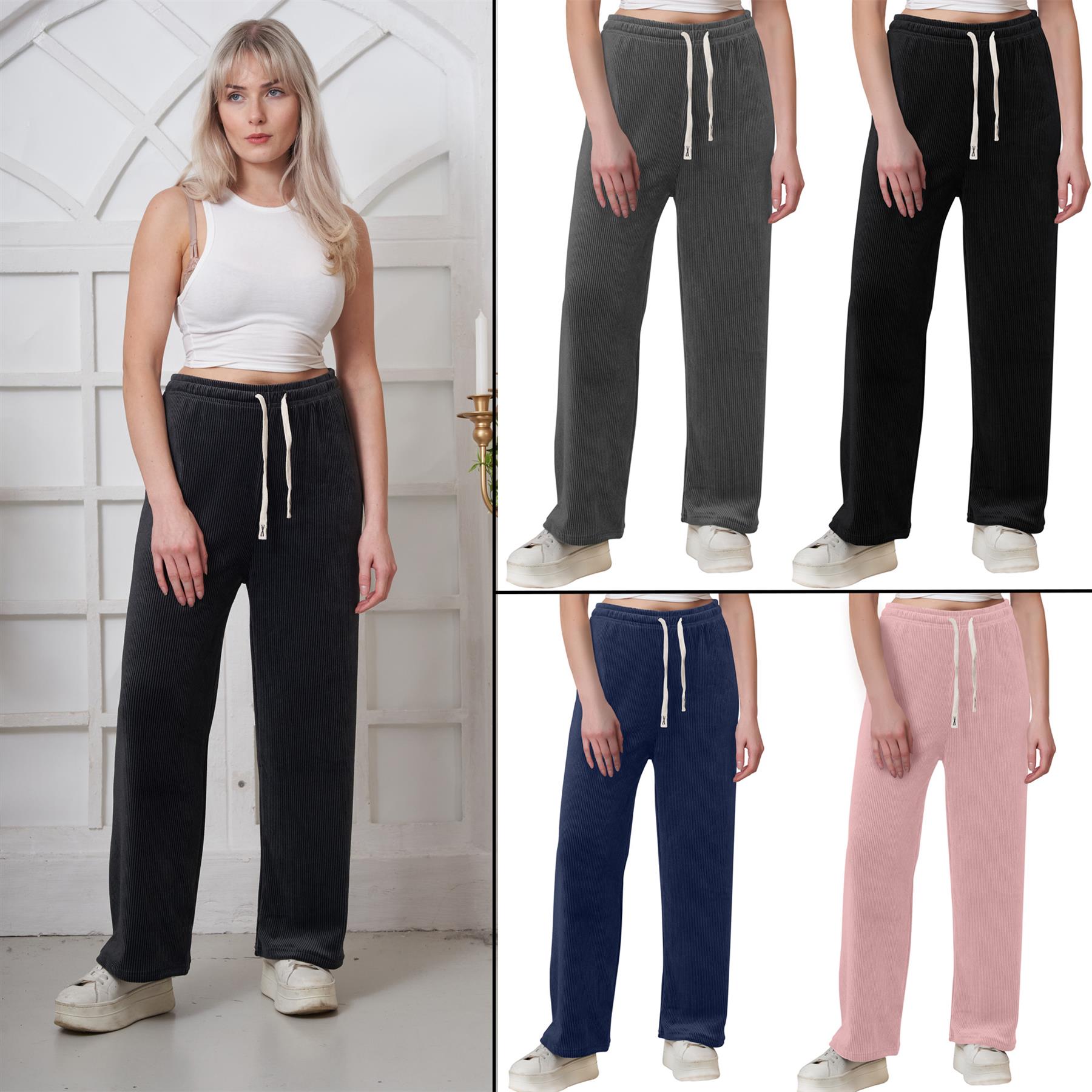 Plain Ribbed Wide Leg Trousers