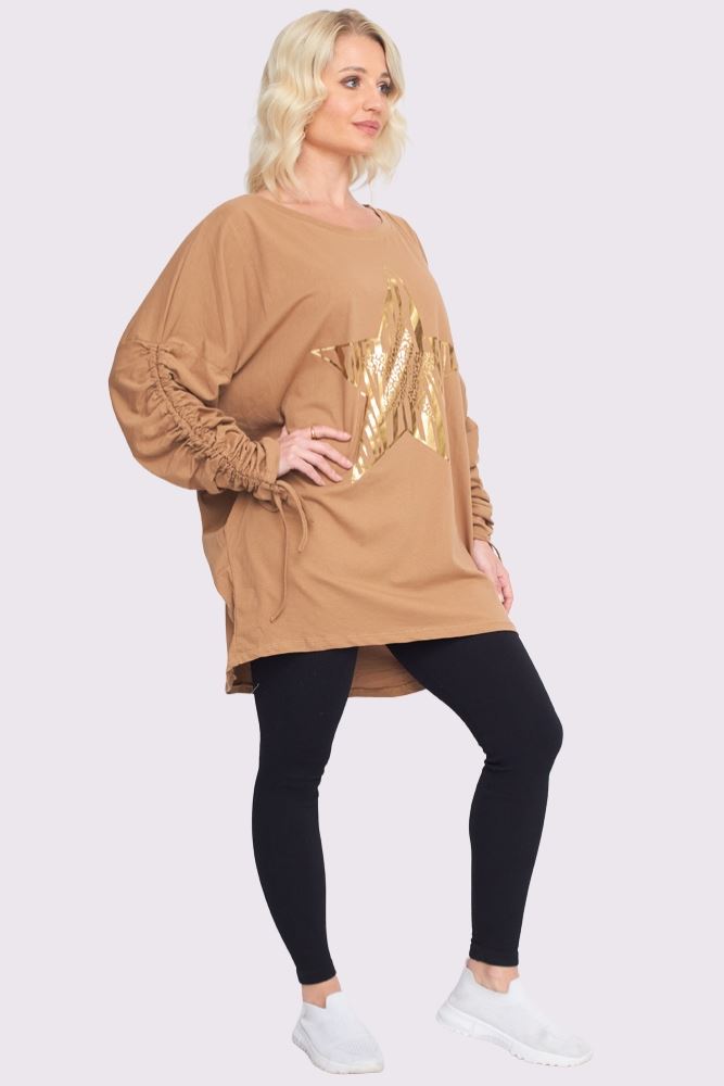 Foil Star Pattern Ruched Sleeve DipHem Oversized Cotton Top