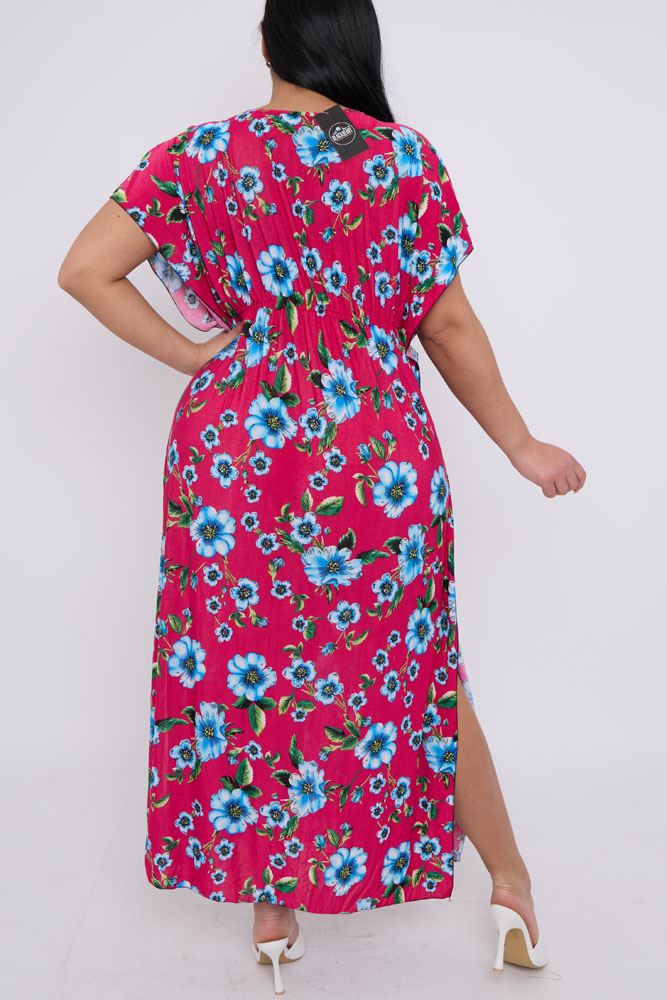 Floral Print Elasticated Waist Side Slit Kaftan Dress