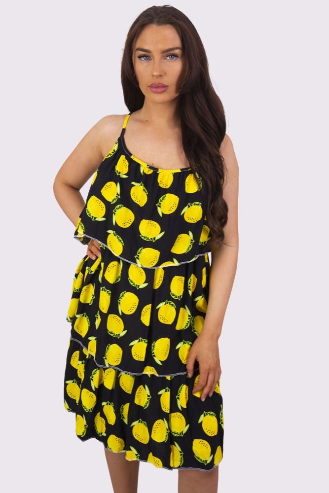 Lemon Print Layered Spaghetti Strap Flounced Dress