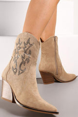 Suede Diamante Heel Zip Up Cowgirl Boot