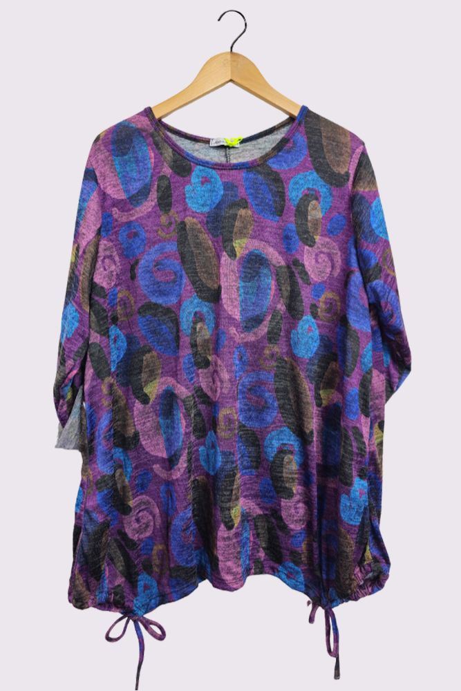 Swirl Pattern Oversized Drawstring Bow Hem Top