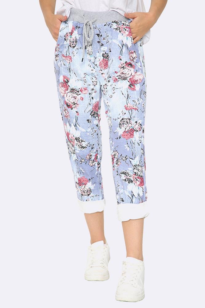 Cotton Floral Print Foldover Hem Trouser