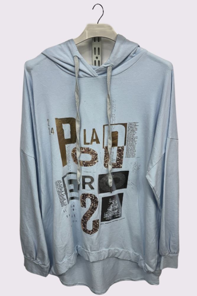 Foil Alphabet Pattern Oversized Dip Hem Drawstring Hooded Cotton Top