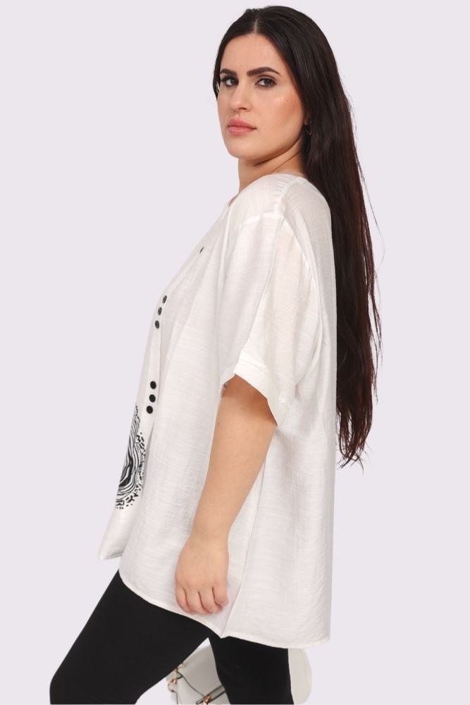 Tree Ring Print Front Button Detail Cotton Top