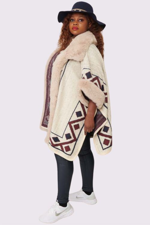 Geometric Print Faux Fur Poncho