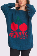 Cherry Perfect Slogan Cherry Pattern Knit Cuffed Sleeve Jumper