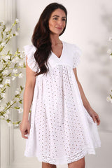 Cutwork Frill Sleeve Cotton Dress