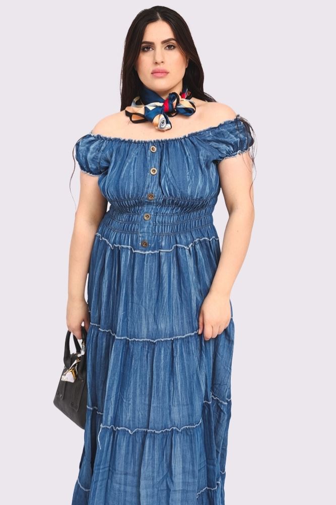 Plain Shirred Waist Tiered Denim Cotton Dress